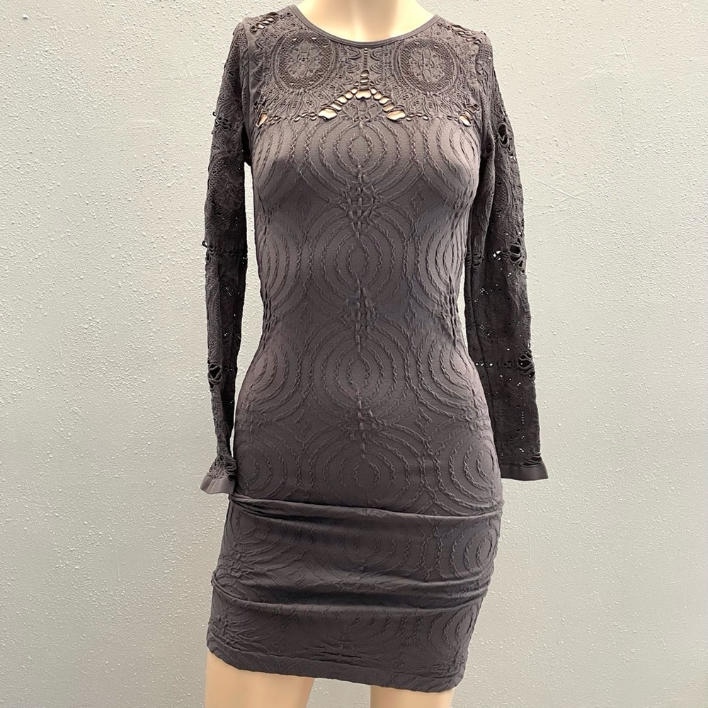 Bebe style laser cut detailing long sleeve gray Bodycon dress